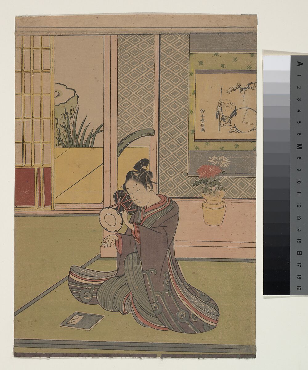 Young Man Playing a Noh Drum, Suzuki Harunobu (Japanese, 1725–1770), Woodblock print; ink and color on paper, Japan 