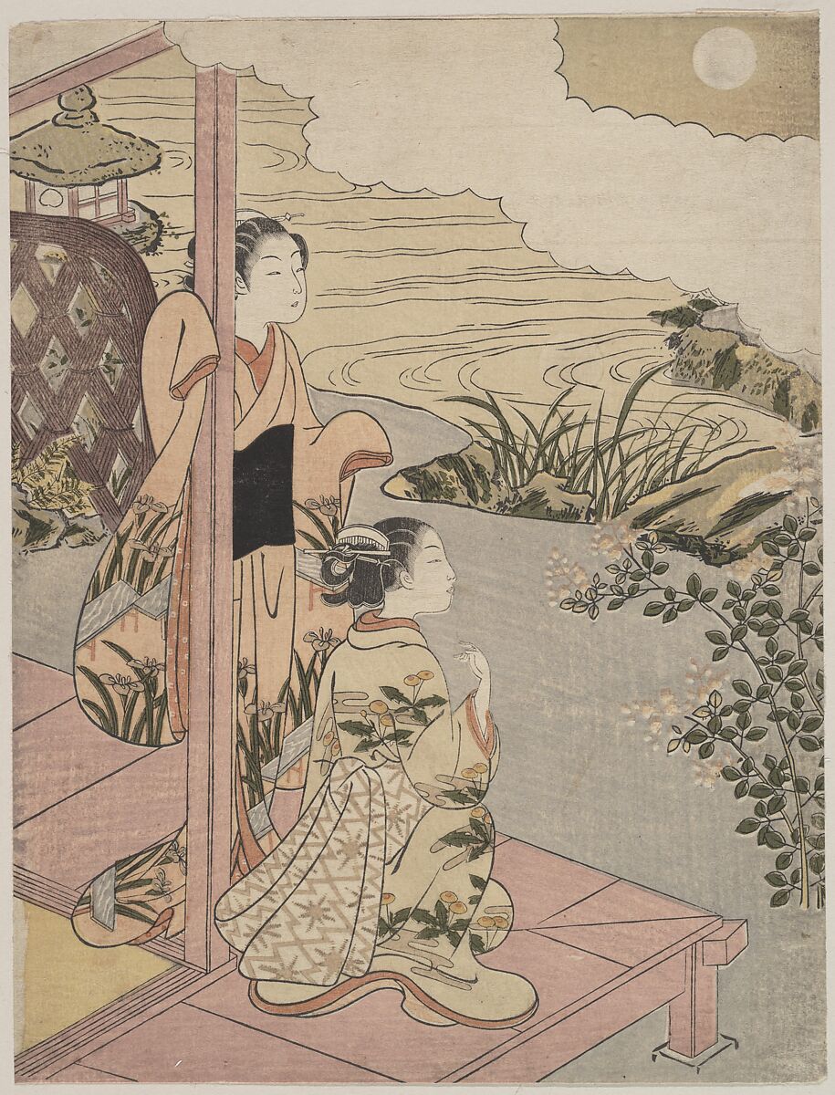 Two Girls on a Veranda beside a Stream with the Moon, Suzuki Harunobu (Japanese, 1725–1770), Woodblock print; ink and color on paper, Japan 