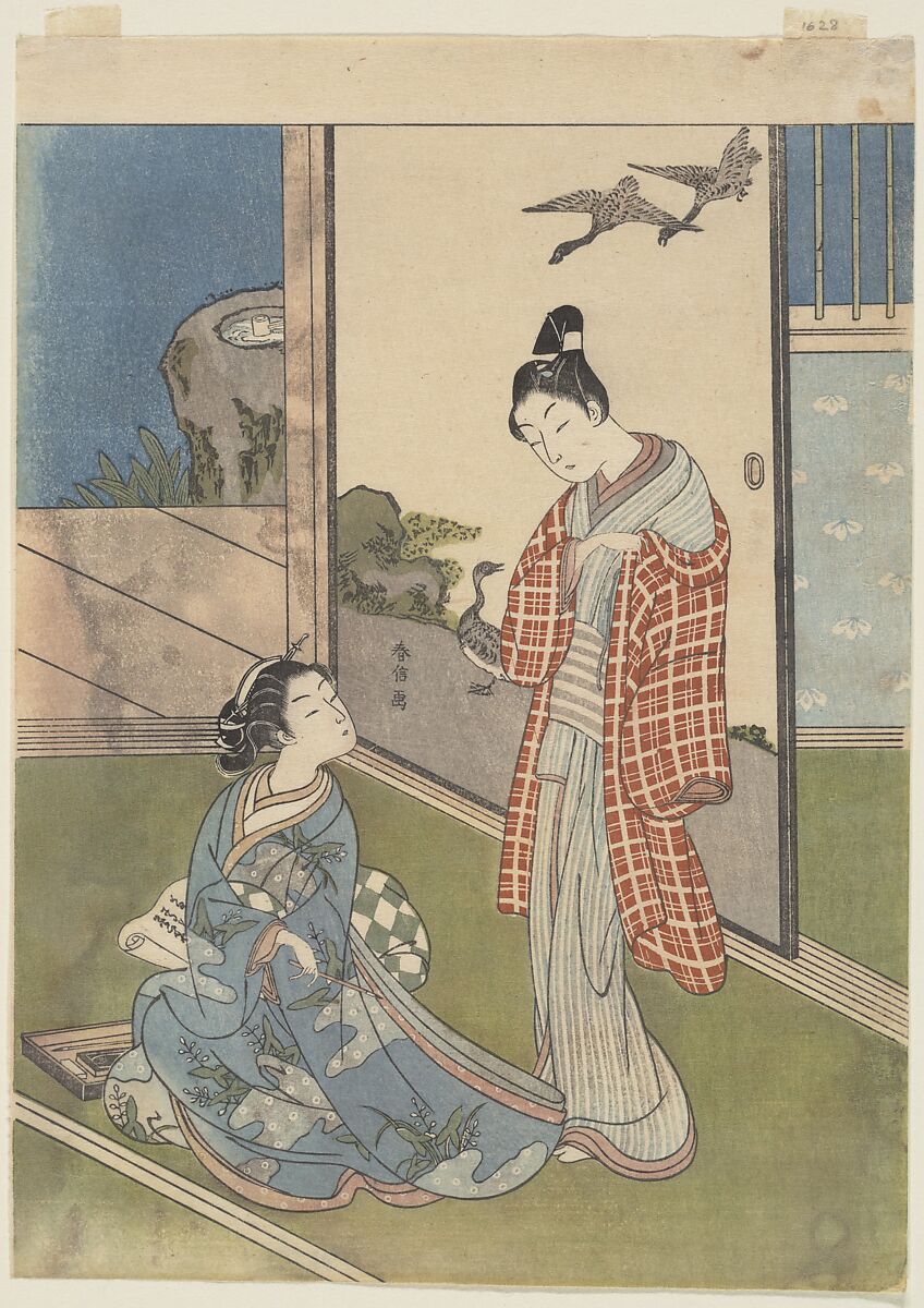 A Girl Writing a Letter, Suzuki Harunobu (Japanese, 1725–1770), Woodblock print; ink and color on paper, Japan 