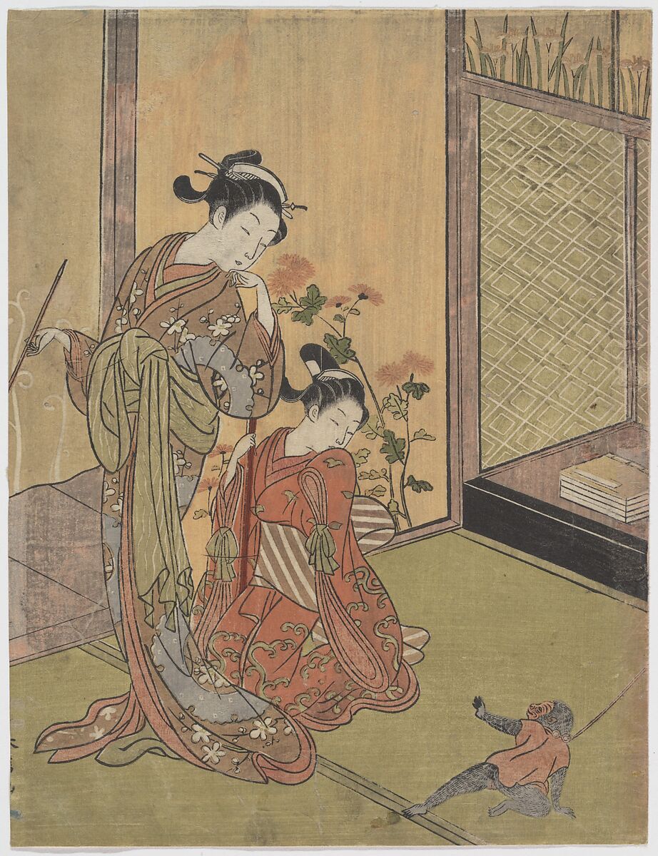 Two Girls Looking at a Monkey on a Leash, Suzuki Harunobu (Japanese, 1725–1770), Woodblock print; ink and color on paper, Japan 