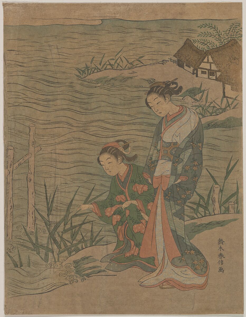 Two Young Ladies at the Shore, Suzuki Harunobu (Japanese, 1725–1770), Woodblock print; ink and color on paper, Japan 