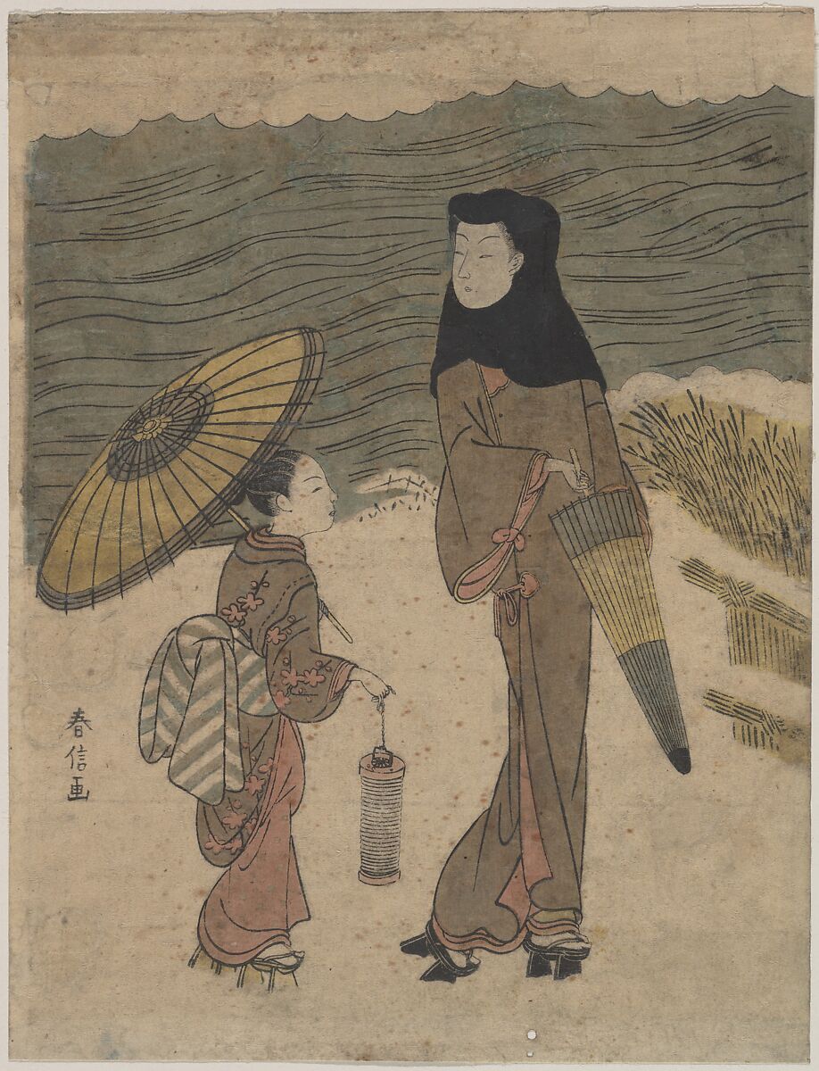 Lady with Black Hood and Umbrella Out Walking with Young Attendant, Suzuki Harunobu (Japanese, 1725–1770), Woodblock print; ink and color on paper, Japan 