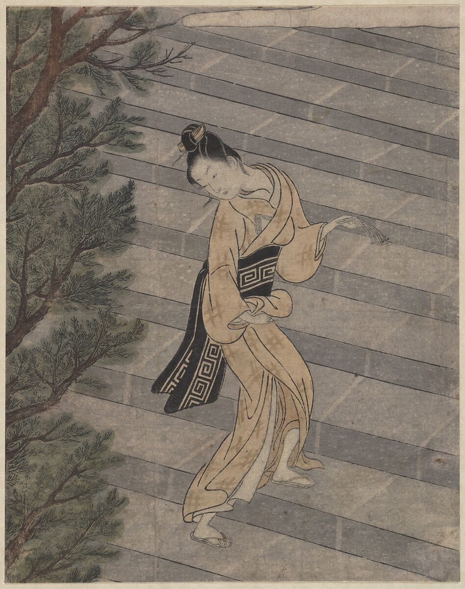 Young Woman Climbing Stone Stairs to a Shinto Temple, Suzuki Harunobu (Japanese, 1725–1770), Woodblock print; ink and color on paper, Japan 