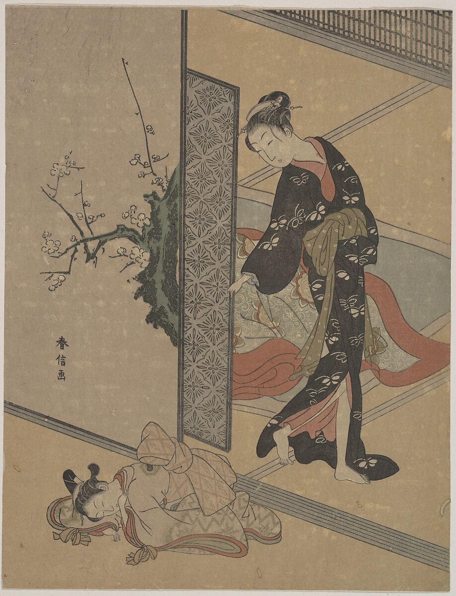 Young Lady Looking through Door at Her Kamuro (Little Servant) who is Asleep on the Floor, Suzuki Harunobu (Japanese, 1725–1770), Woodblock print; ink and color on paper, Japan 