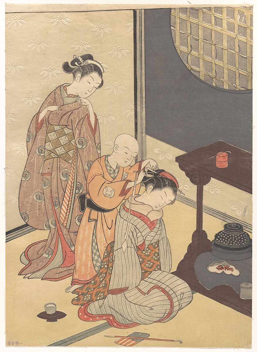 Night Rain at the Double-Shelf Stand, from the series Eight Parlor Views (Zashiki hakkei), Suzuki Harunobu (Japanese, 1725–1770), Woodblock print; ink and color on paper, Japan 