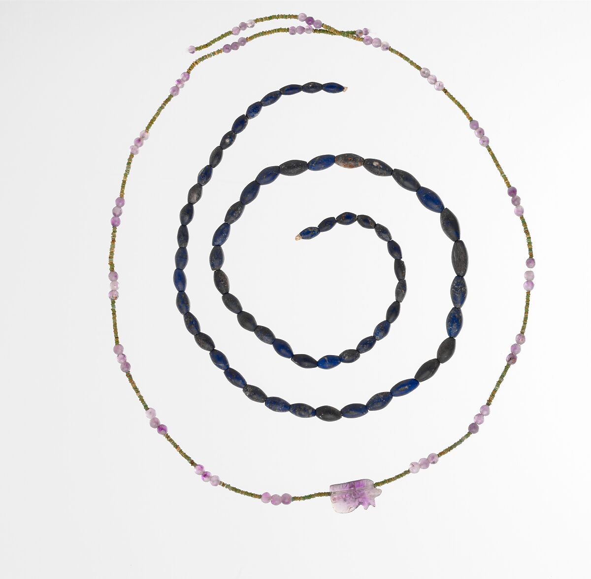 String of 63 ball beads and 1 wedjat amulet of Hepy, Amethyst, green faience