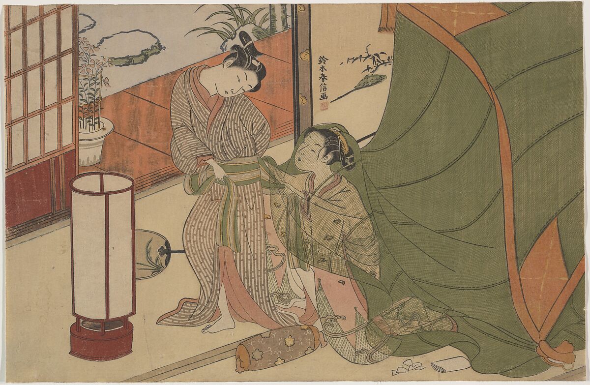 Parting of Lovers: The Morning After, Suzuki Harunobu (Japanese, 1725–1770), Woodblock print; chuban yoko-e; ink and color on paper
, Japan 
