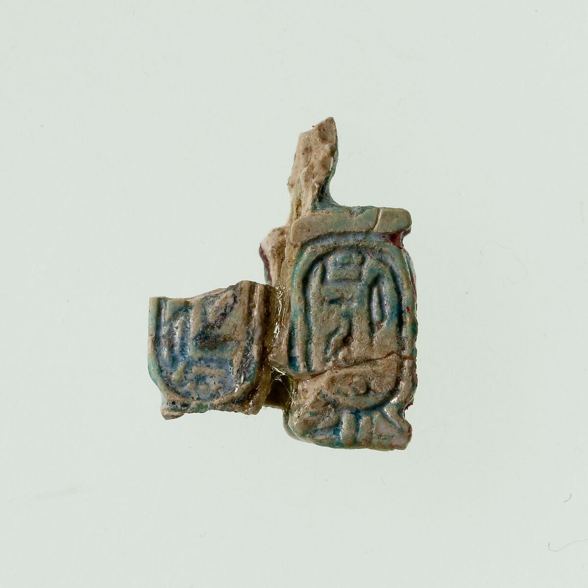 Plaque, two cartouches with names of Amenemhat II, Faience, blue-green glaze