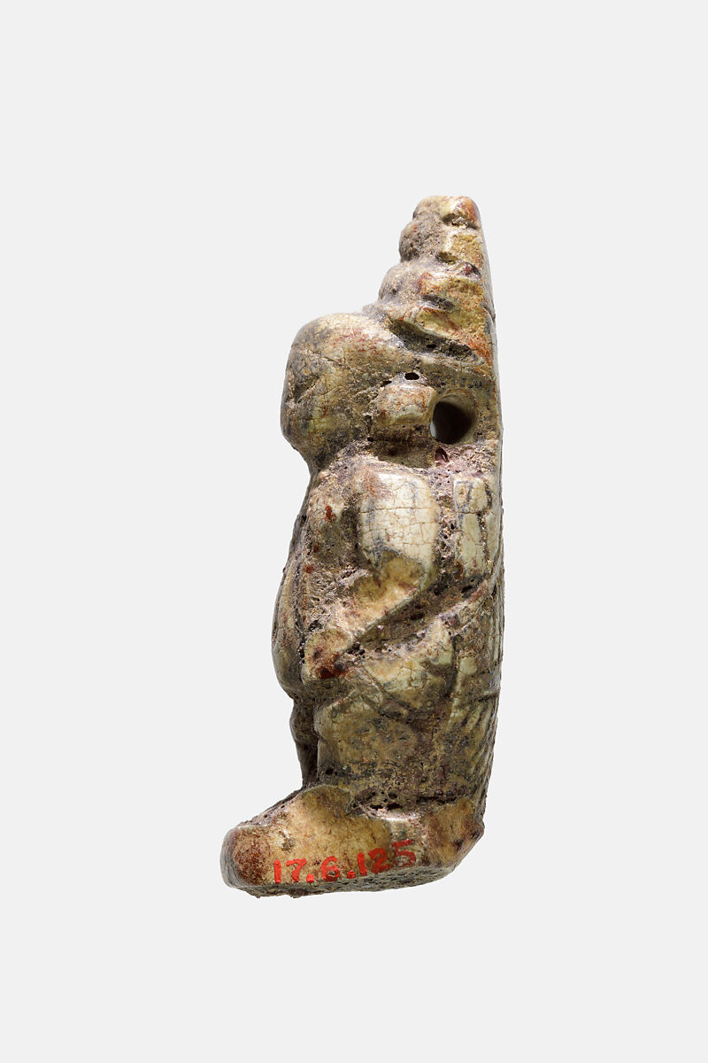 Amulet of the Dwarf Ptah with Isis on the Back, Faience, brown