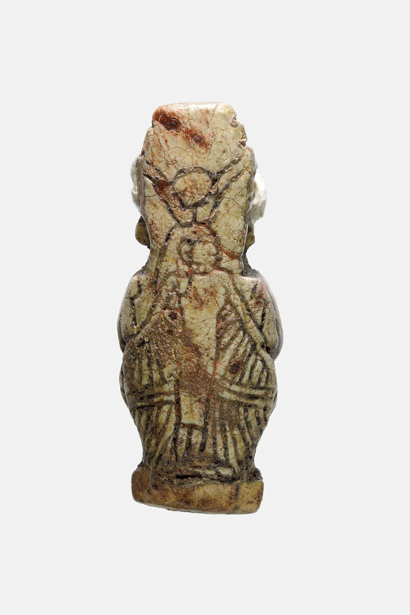 Amulet of the Dwarf Ptah with Isis on the Back, Faience, brown