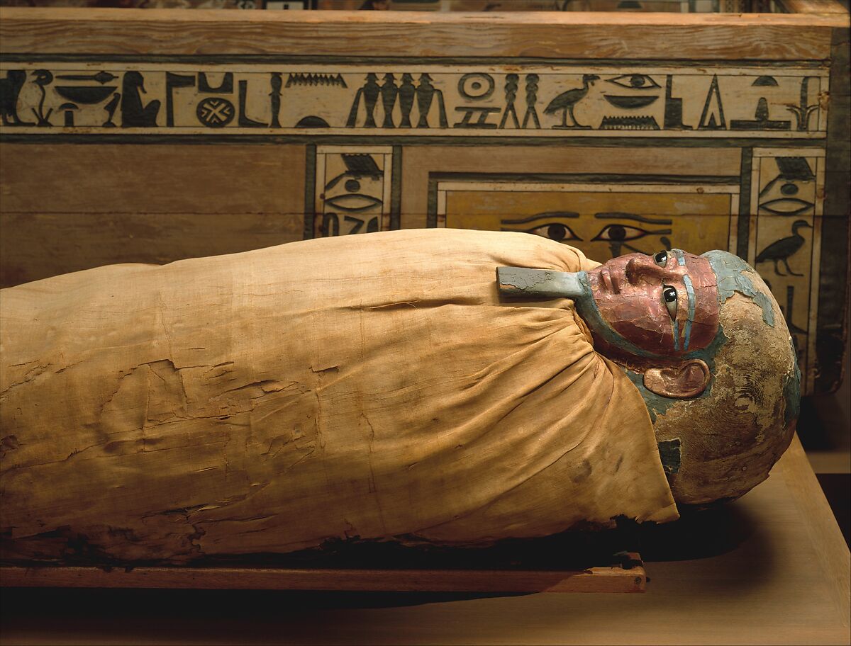 Mummy of Ukhhotep, son of Hedjpu, Mummified human body, linen, mummification material, painted and gilded wood, obsidian, travertine (Egyptian alabaster)