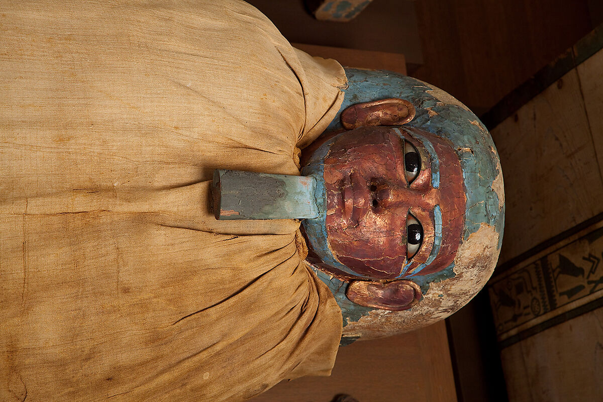 Mummy of Ukhhotep, son of Hedjpu, Mummified human body, linen, mummification material, painted and gilded wood, obsidian, travertine (Egyptian alabaster)