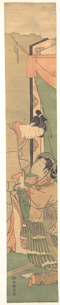 Parting of Lovers: The Morning After, Suzuki Harunobu (Japanese, 1725–1770), Woodblock print; pillar print (hashira-e); ink and color on paper
, Japan 
