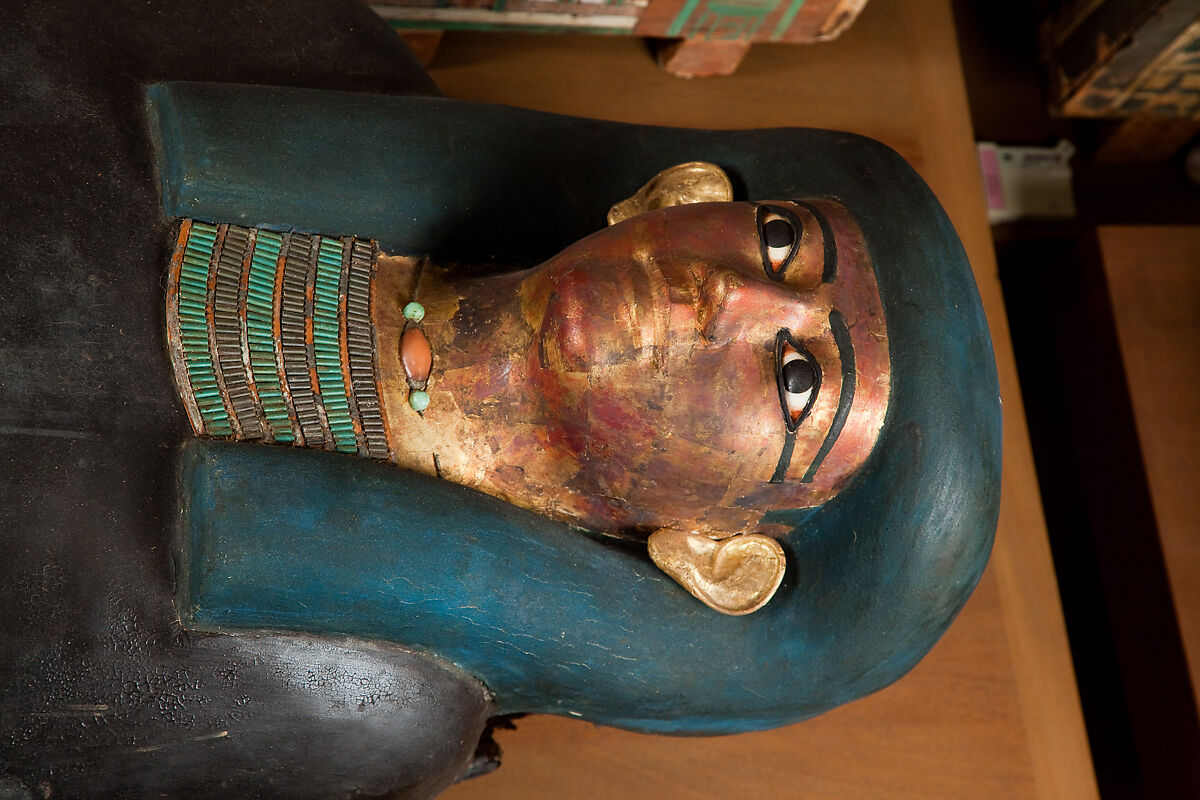 Inner Coffin of Nephthys, Painted cartonnage, wood, gold leaf, Egyptian blue, calcite, carnelian, beryl, silver wire, faience 