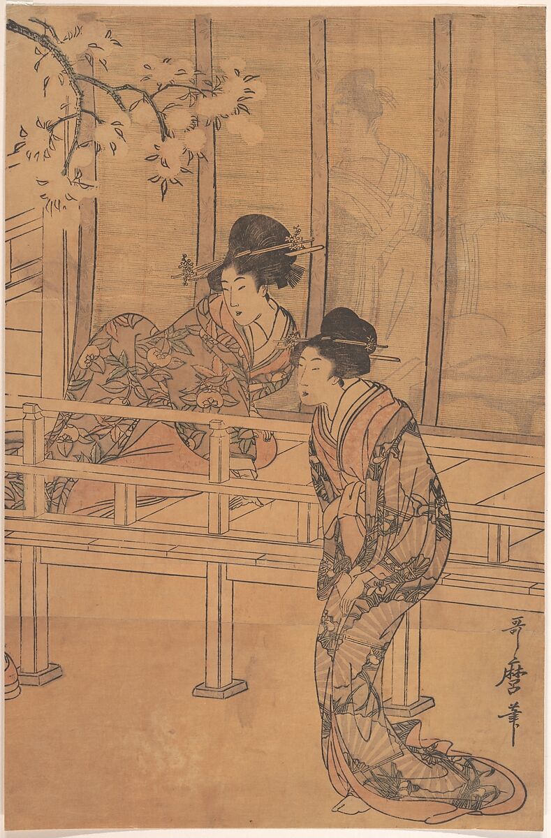 The Lady of Rokujo being Visited by the Princess Aoi, Kitagawa Utamaro (Japanese, ca. 1754–1806), Woodblock print; ink and color on paper, Japan 