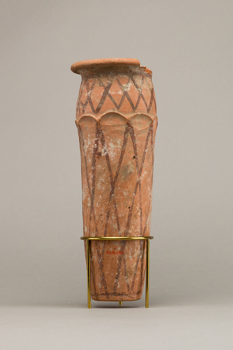 Wavy-handled jar with cross hatching design, Pottery, paint