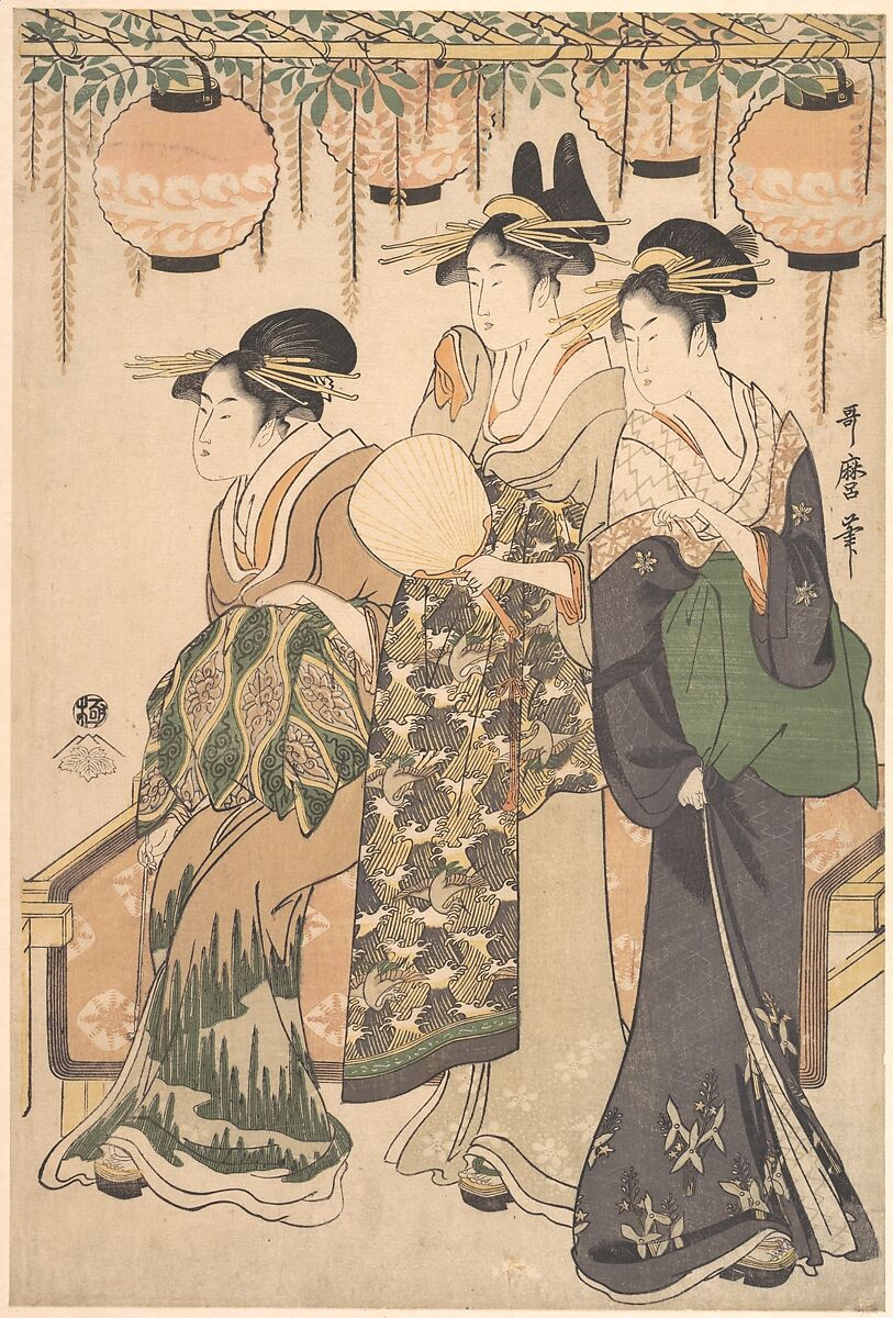 Courtesans Beneath a Wisteria Arbor (Fuji dana shita no yūjo tachi), Kitagawa Utamaro (Japanese, ca. 1754–1806), Woodblock print; ink and color on paper, Japan 