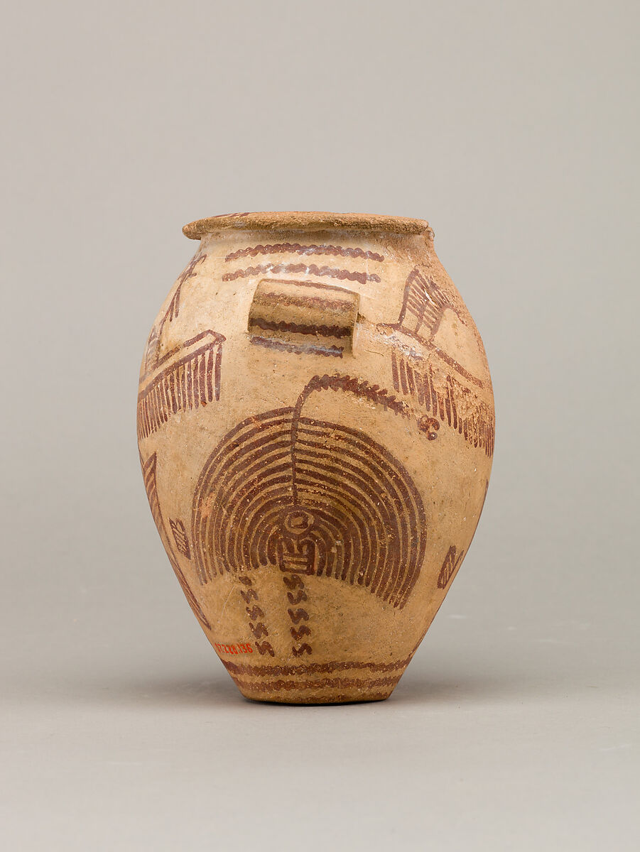 Decorated ware jar depicting boats and plants, Pottery, paint