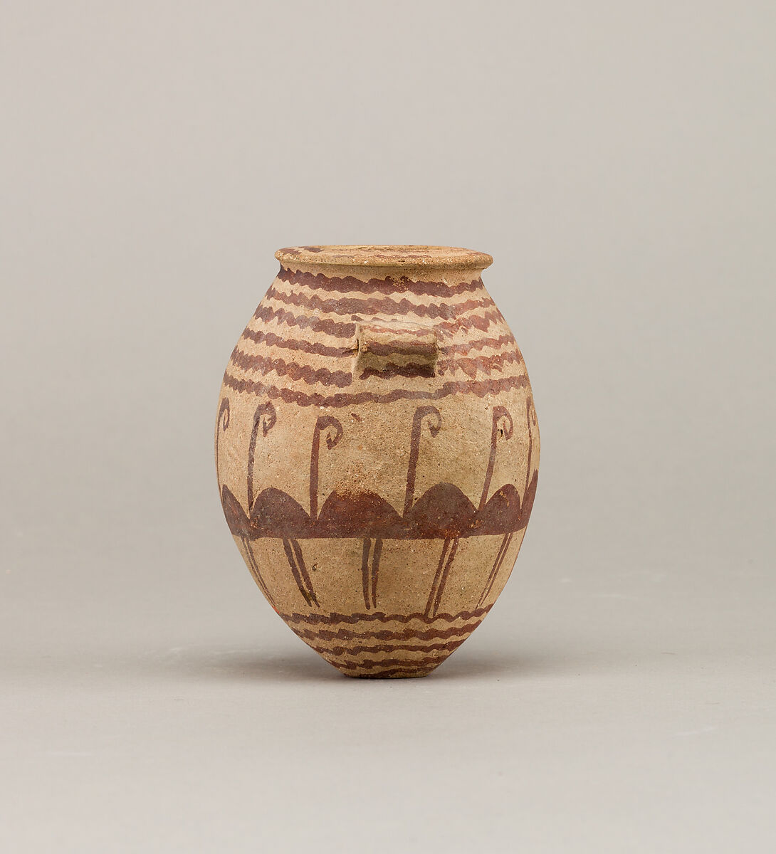 Decorated ware jar depicting water and flamingos, Pottery, paint