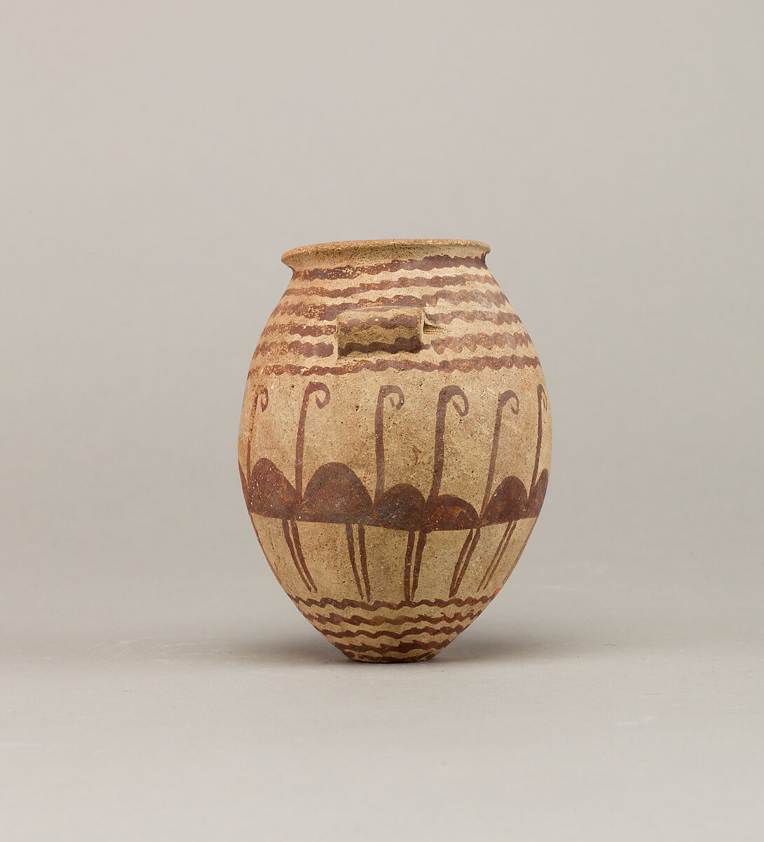 Decorated ware jar depicting water and flamingos, Pottery, paint