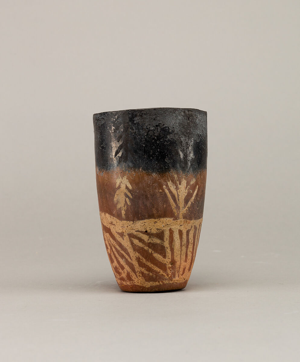 White cross-lined ware beaker with geometric and floral design, Pottery, paint