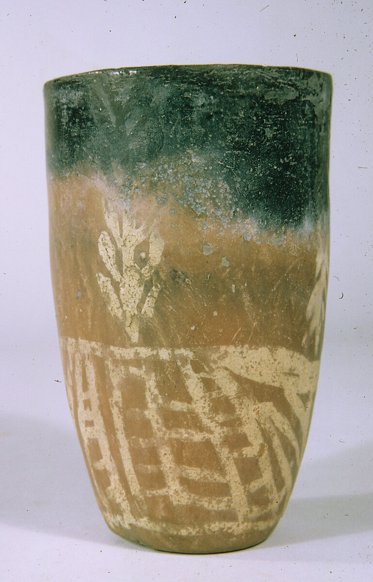 White cross-lined ware beaker with geometric and floral design, Pottery, paint 