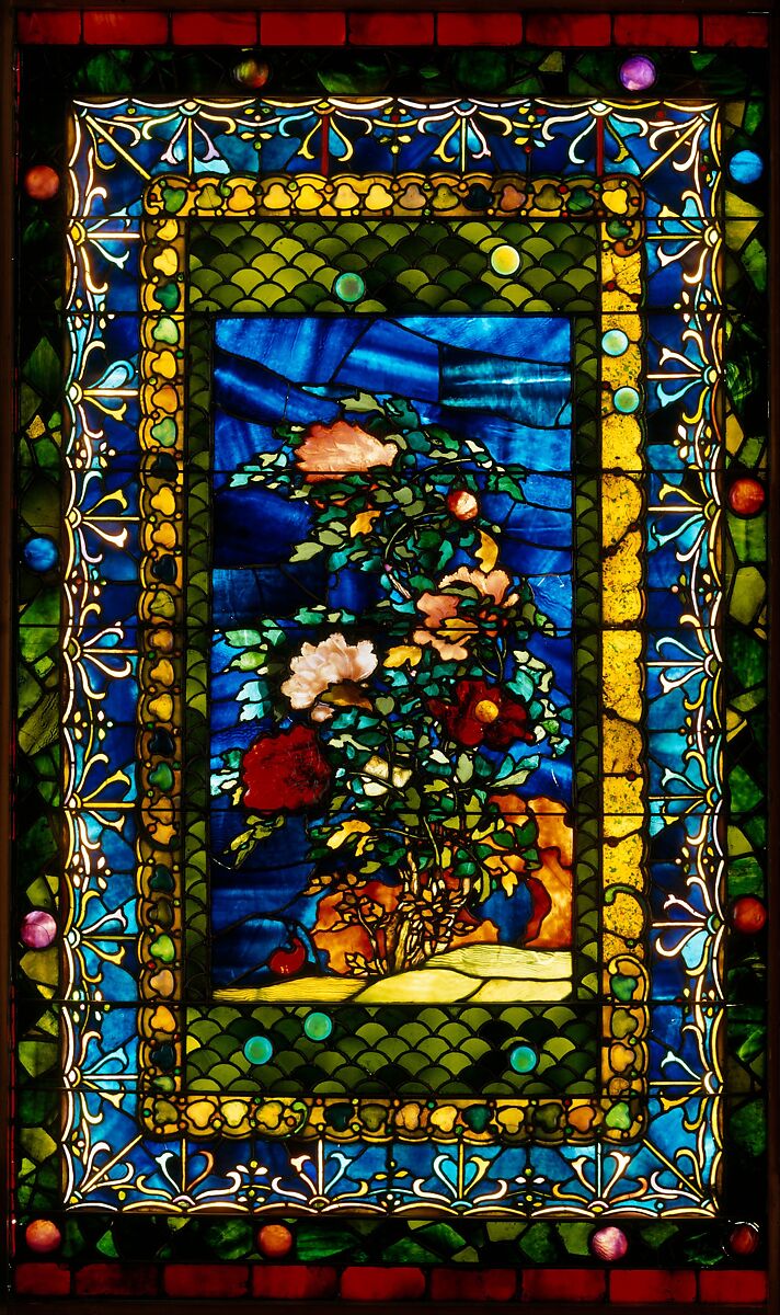 Peonies Blown in the Wind, John La Farge (American, New York 1835–1910 Providence, Rhode Island), Leaded opalescent glass, American 