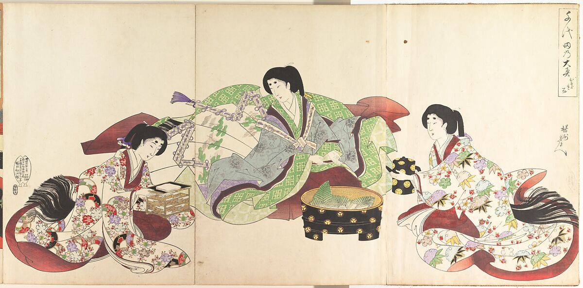 Chiyoda Castle (Album of Women), Yōshū (Hashimoto) Chikanobu (Japanese, 1838–1912), Triptych of woodblock prints; ink and color on paper, Japan 