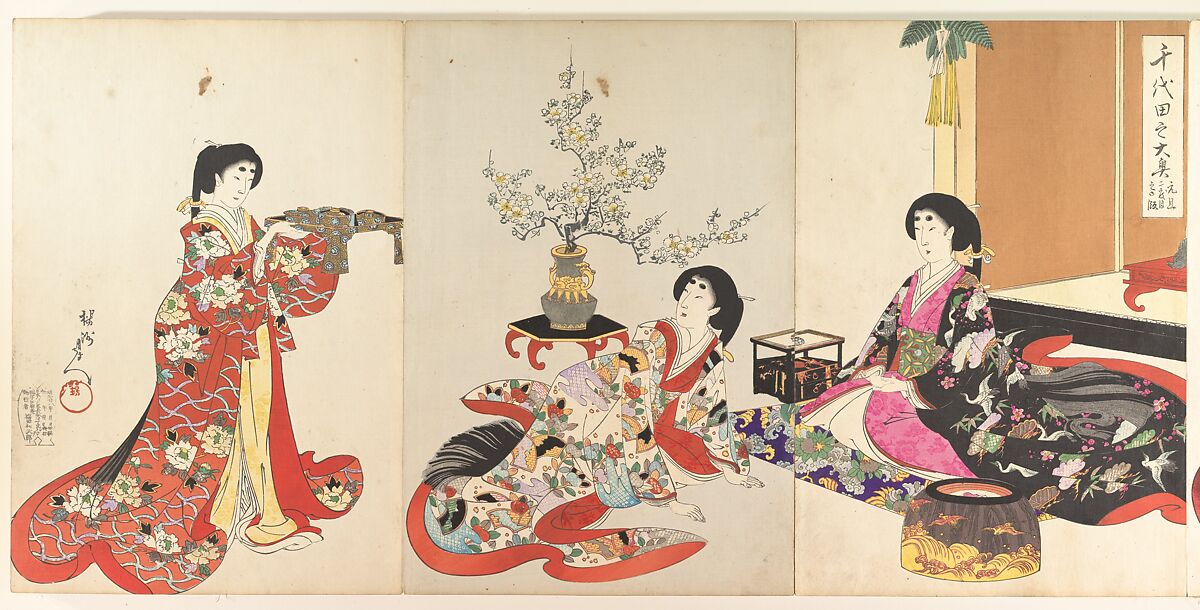 Chiyoda Castle (Album of Women), Yōshū (Hashimoto) Chikanobu (Japanese, 1838–1912), Triptych of woodblock prints; ink and color on paper, Japan 