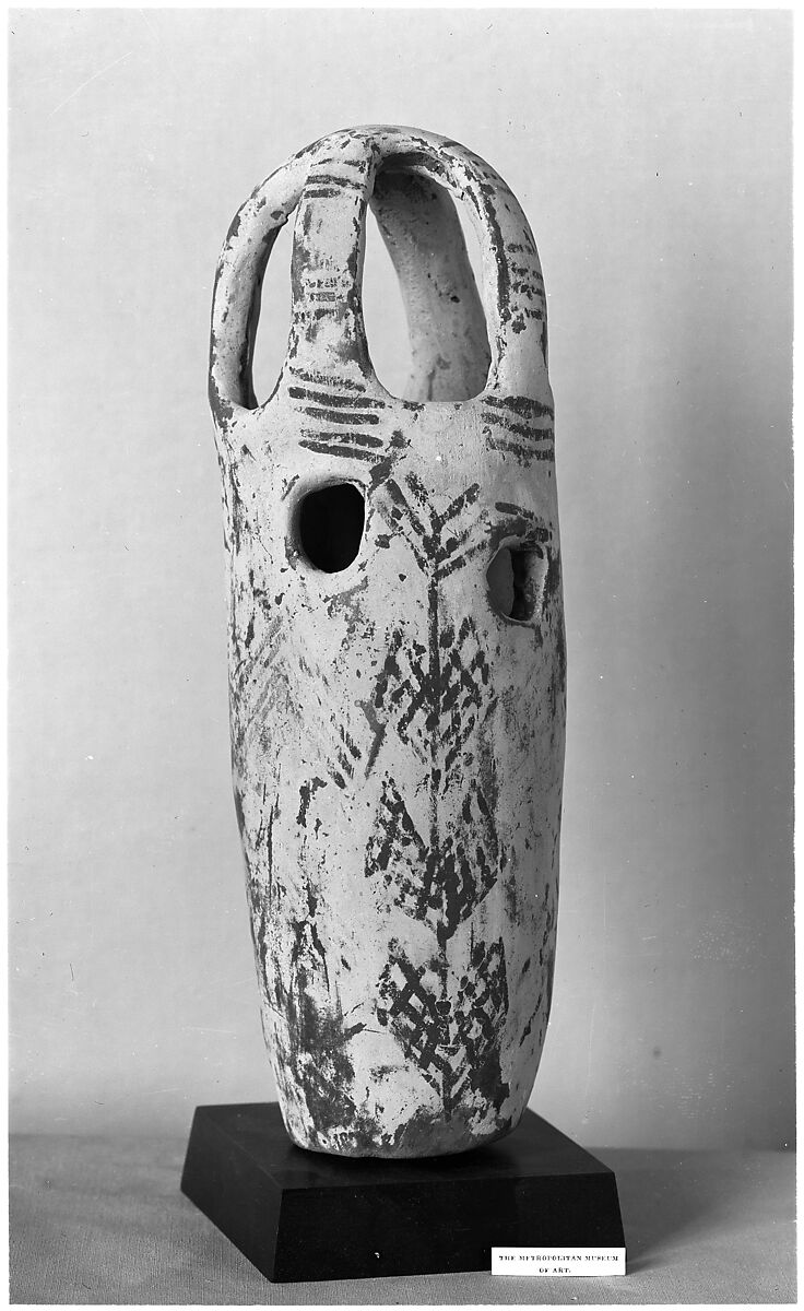 Censer? with floral design in red paint on white background, Pottery, paint