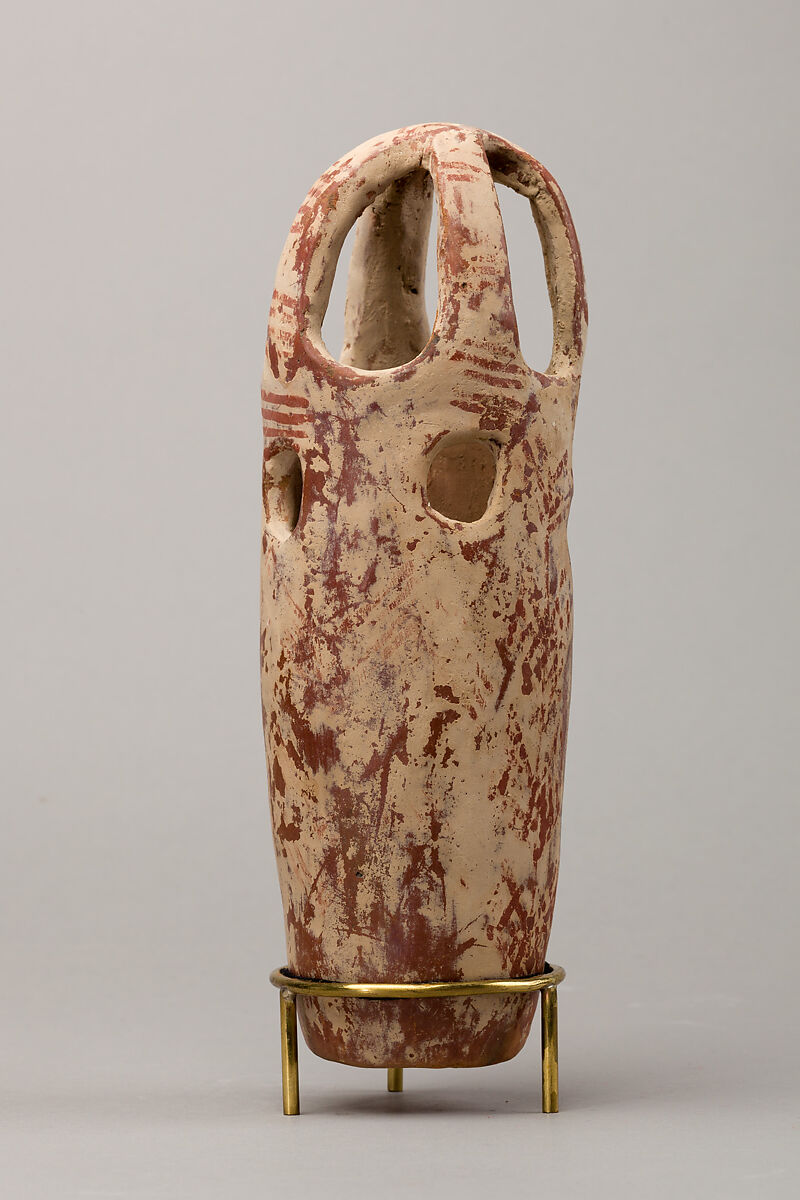 Censer? with floral design in red paint on white background, Pottery, paint