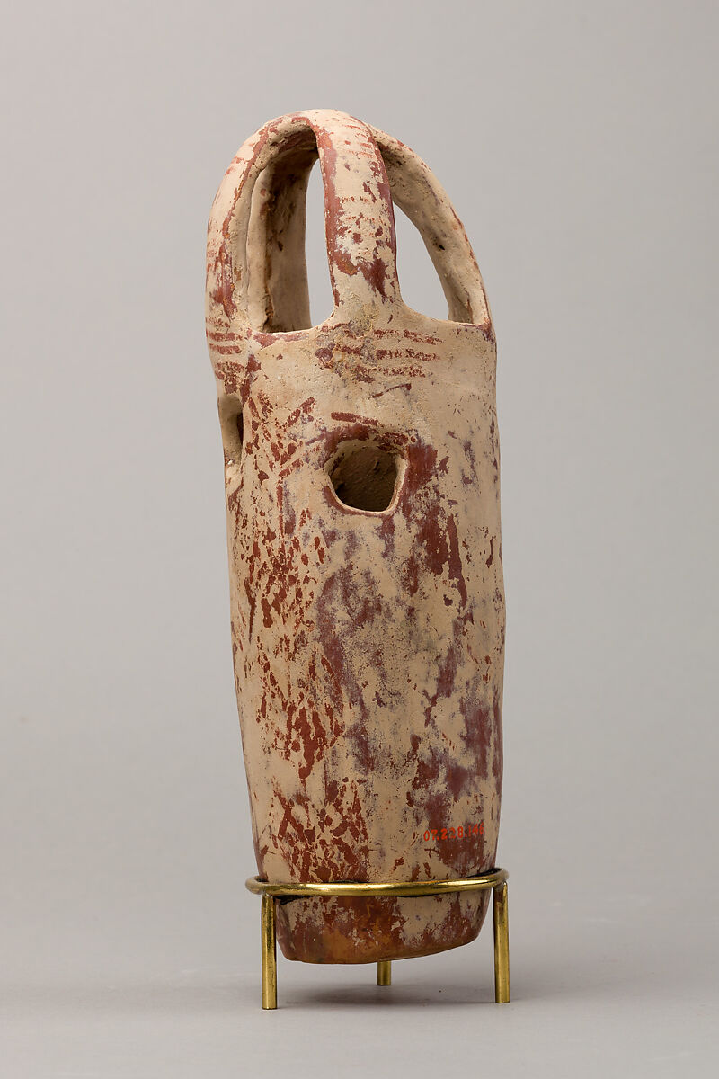 Censer? with floral design in red paint on white background, Pottery, paint