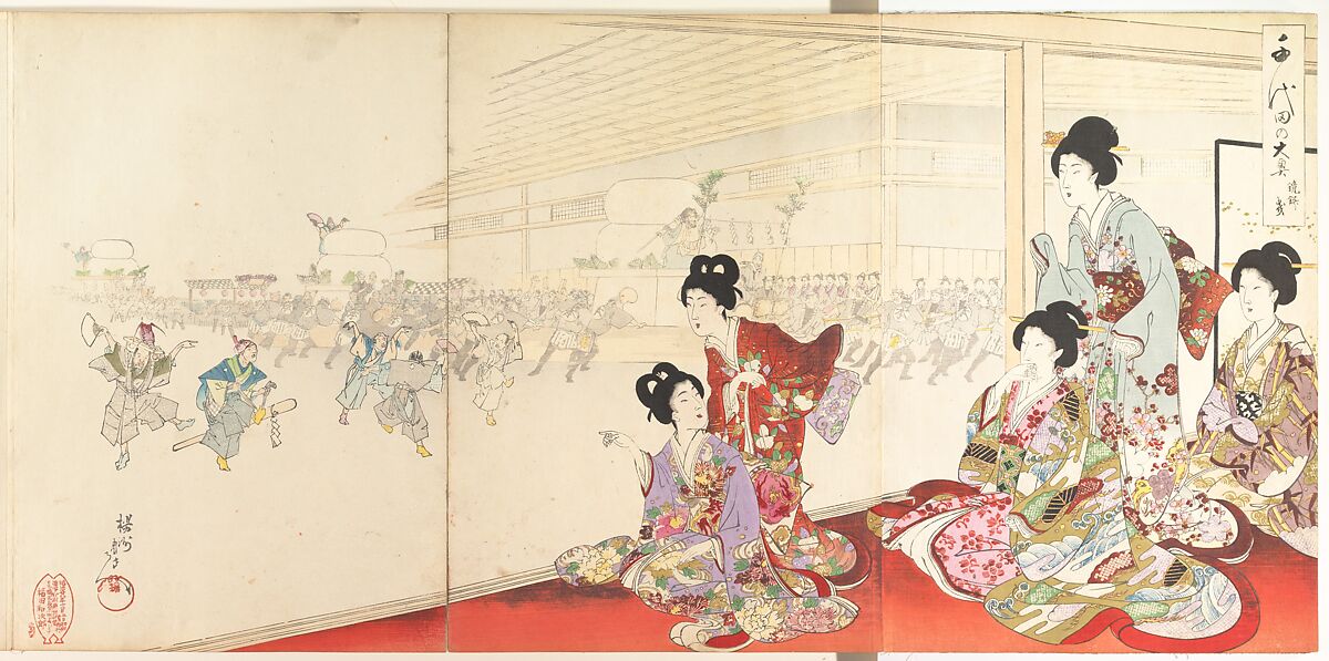 Chiyoda Castle (Album of Women), Yōshū (Hashimoto) Chikanobu (Japanese, 1838–1912), Triptych of woodblock prints; ink and color on paper, Japan 