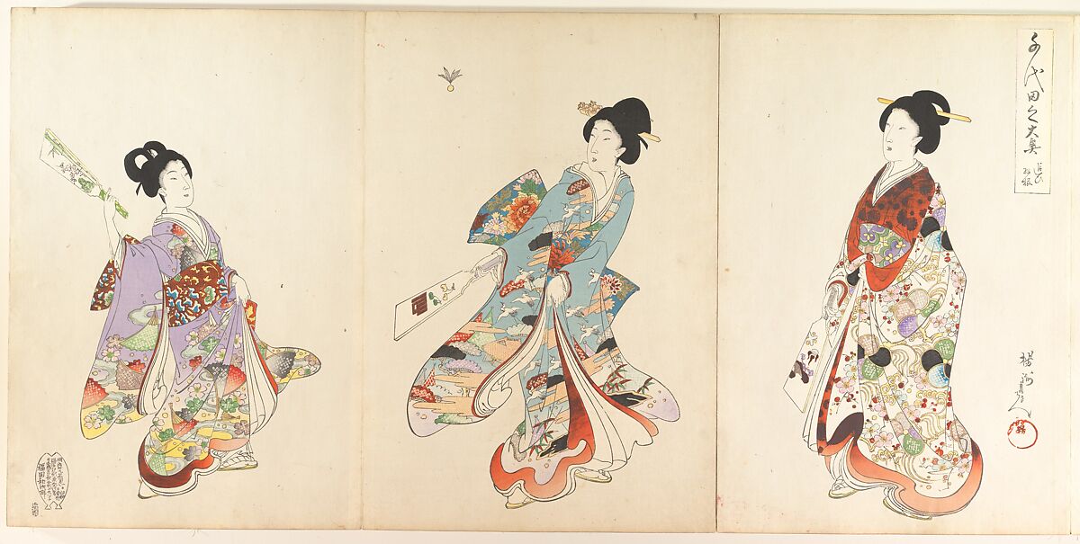 Chiyoda Castle (Album of Women), Yōshū (Hashimoto) Chikanobu (Japanese, 1838–1912), Triptych of woodblock prints; ink and color on paper, Japan 