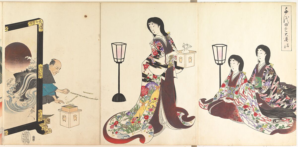 Chiyoda Castle (Album of Women), Yōshū (Hashimoto) Chikanobu (Japanese, 1838–1912), Triptych of woodblock prints; ink and color on paper, Japan 