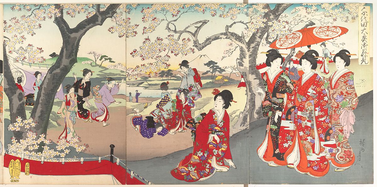 Chiyoda Castle (Album of Women), Yōshū (Hashimoto) Chikanobu (Japanese, 1838–1912), Triptych of woodblock prints; ink and color on paper, Japan 