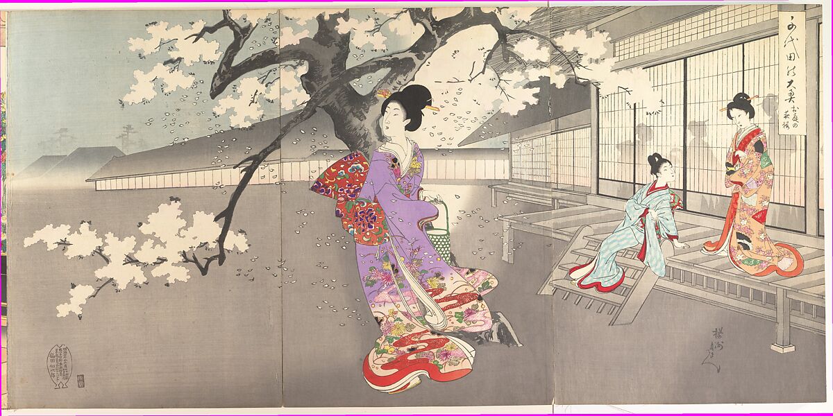 Chiyoda Castle (Album of Women), Yōshū (Hashimoto) Chikanobu (Japanese, 1838–1912), Triptych of woodblock prints; ink and color on paper, Japan 