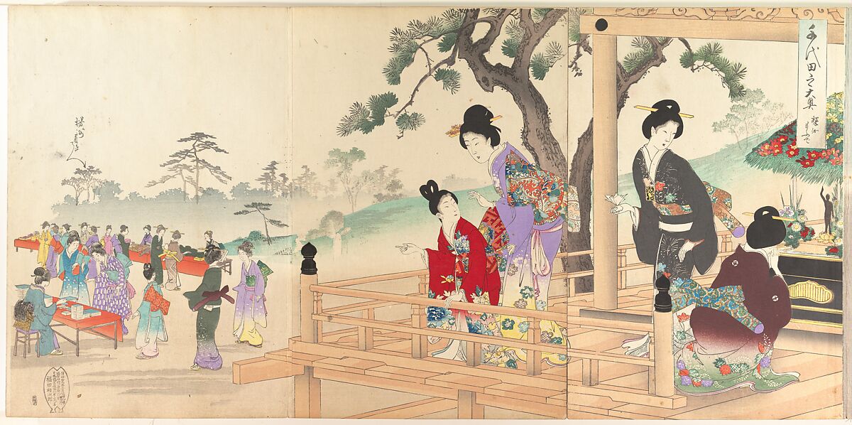 Chiyoda Castle (Album of Women), Yōshū (Hashimoto) Chikanobu (Japanese, 1838–1912), Triptych of woodblock prints; ink and color on paper, Japan 