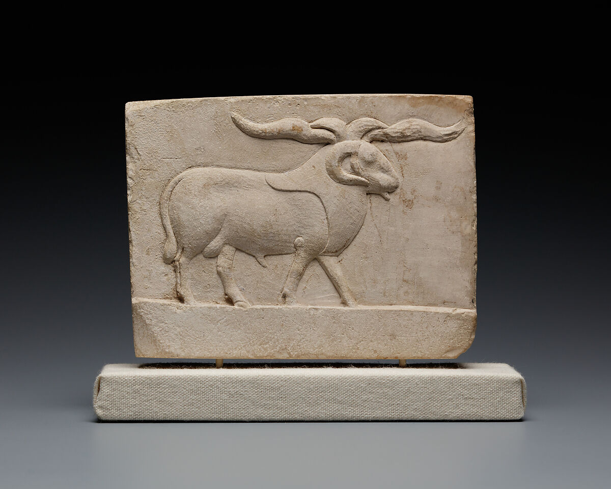 Relief plaque with a bull on one side and a ram on the other, Limestone