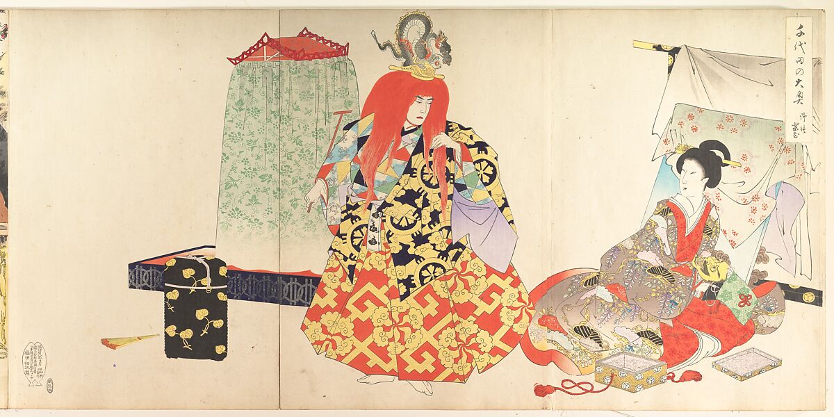 Chiyoda Castle (Album of Women), Yōshū (Hashimoto) Chikanobu (Japanese, 1838–1912), Triptych of woodblock prints; ink and color on paper, Japan 