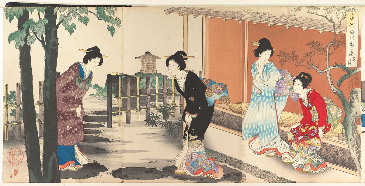 Chiyoda Castle (Album of Women), Yōshū (Hashimoto) Chikanobu (Japanese, 1838–1912), Triptych of woodblock prints; ink and color on paper, Japan 