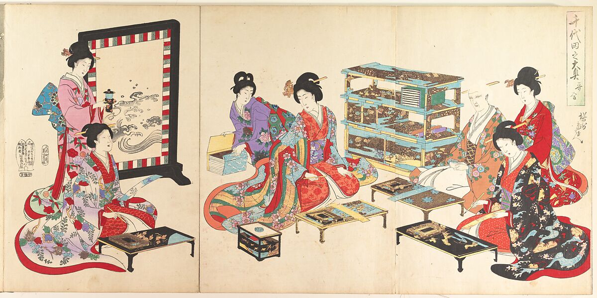 Chiyoda Castle (Album of Women), Yōshū (Hashimoto) Chikanobu (Japanese, 1838–1912), Triptych of woodblock prints; ink and color on paper, Japan 