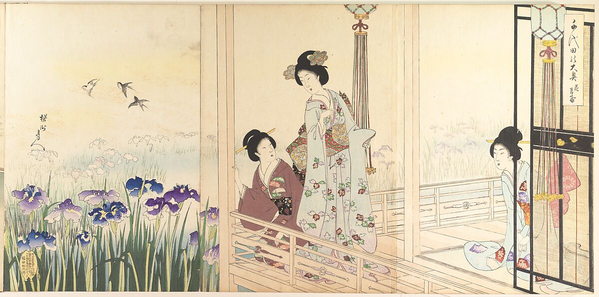 Chiyoda Castle (Album of Women), Yōshū (Hashimoto) Chikanobu (Japanese, 1838–1912), Triptych of woodblock prints; ink and color on paper, Japan 