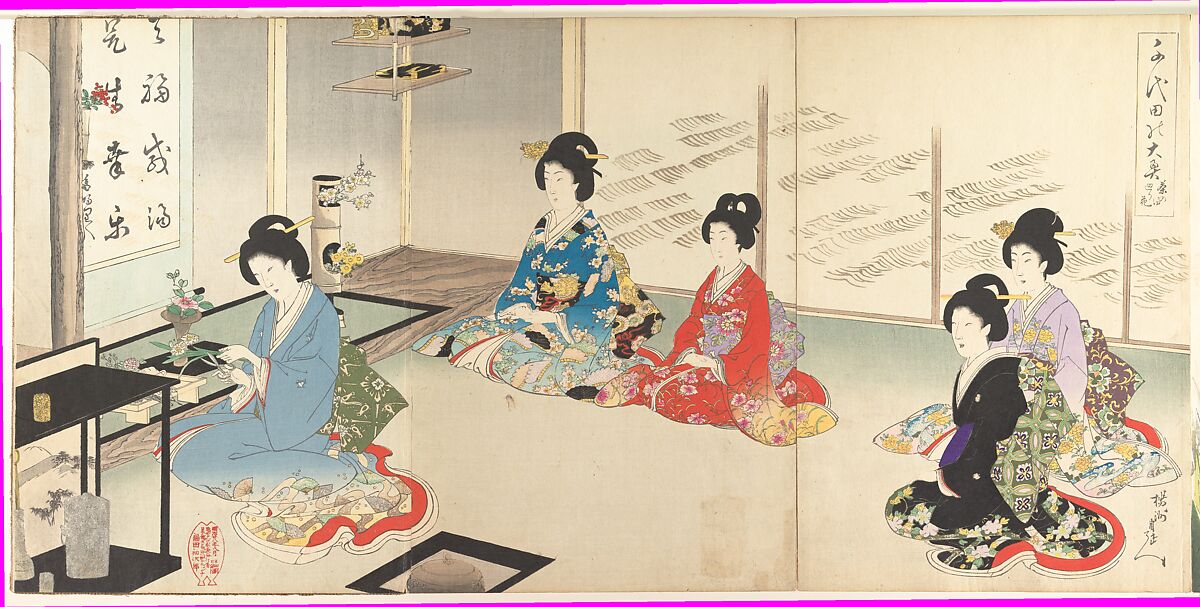 Chiyoda Inner Palace: No.20 Flower Arranging in Turn (Chiyoda no Ōoku: Chanoyu mawaribana), Hashimoto Chikanobu (Japanese, 1838–1912), Triptych of woodblock prints; ink and color on paper, Japan 