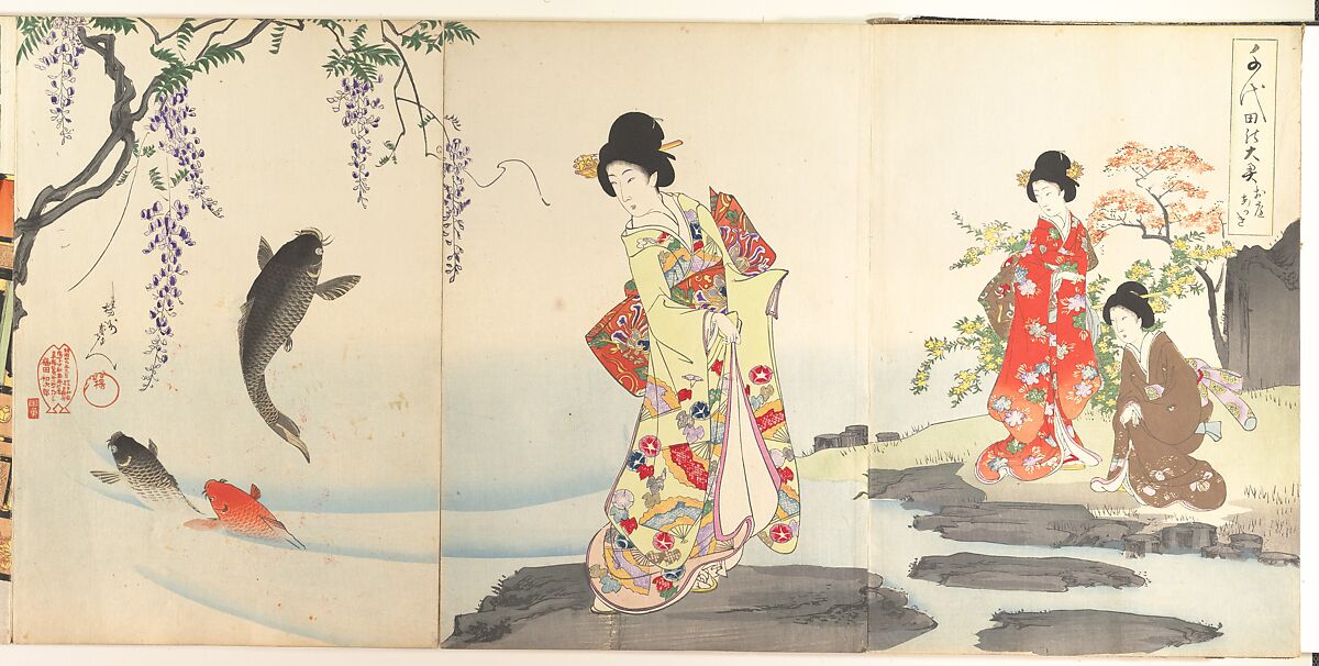 Chiyoda Castle (Album of Women), Yōshū (Hashimoto) Chikanobu (Japanese, 1838–1912), Quintiptych of woodblock prints; ink and color on paper, Japan 