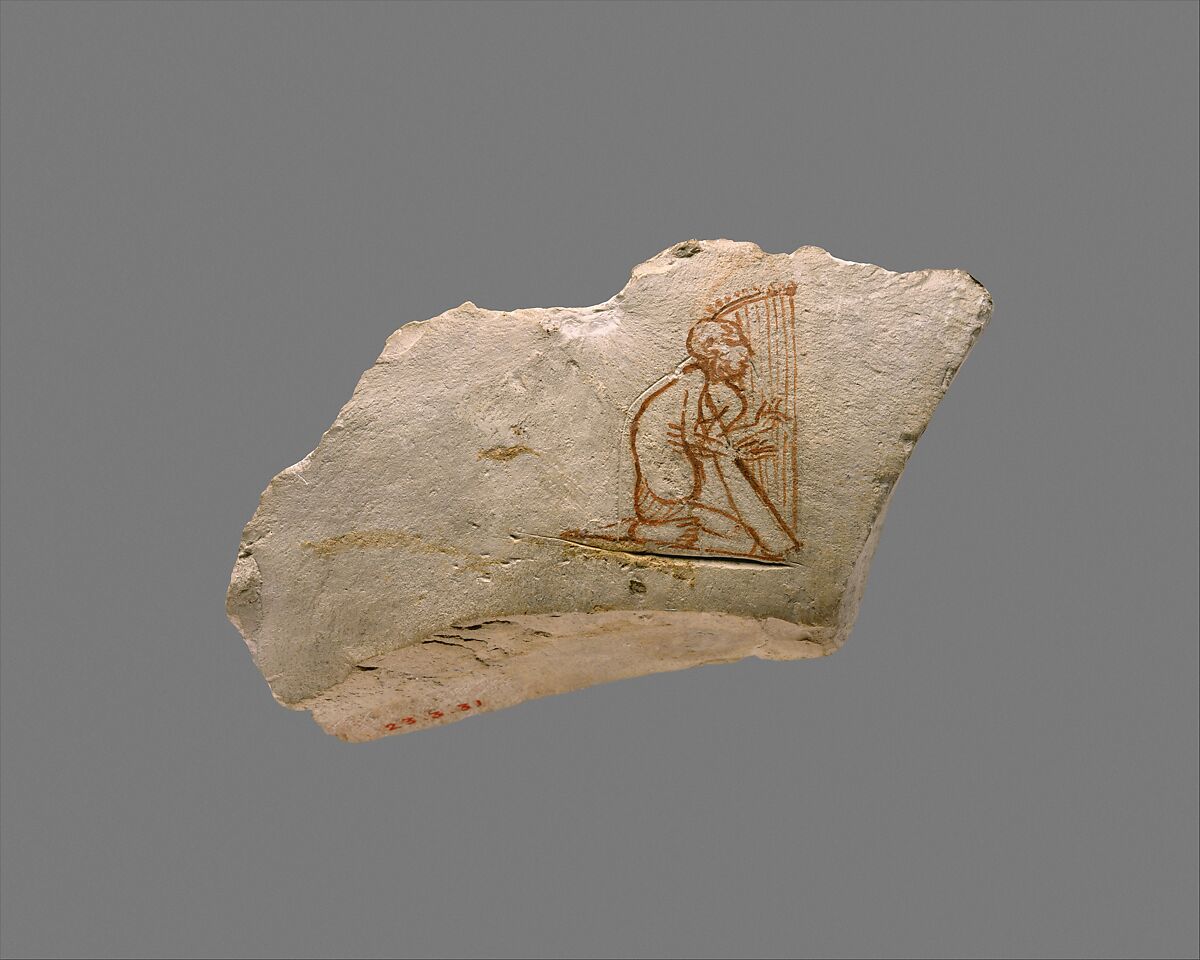 Ostracon with sketch of a harpist, Limestone, ink 