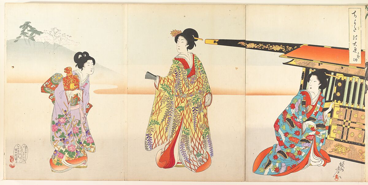 Chiyoda Castle (Album of Women), Yōshū (Hashimoto) Chikanobu (Japanese, 1838–1912), Triptych of woodblock prints; ink and color on paper, Japan 