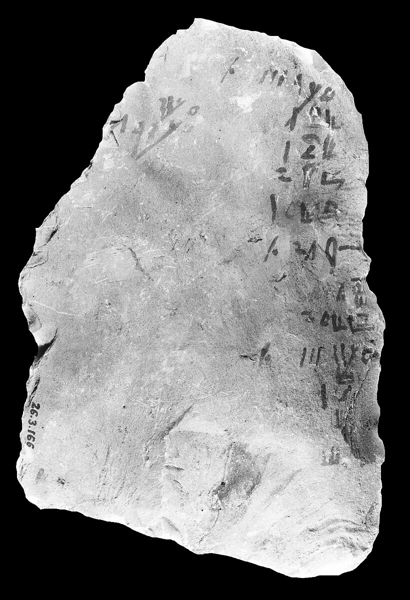 Hieratic ostracon with one column of accounts, Limestone, ink