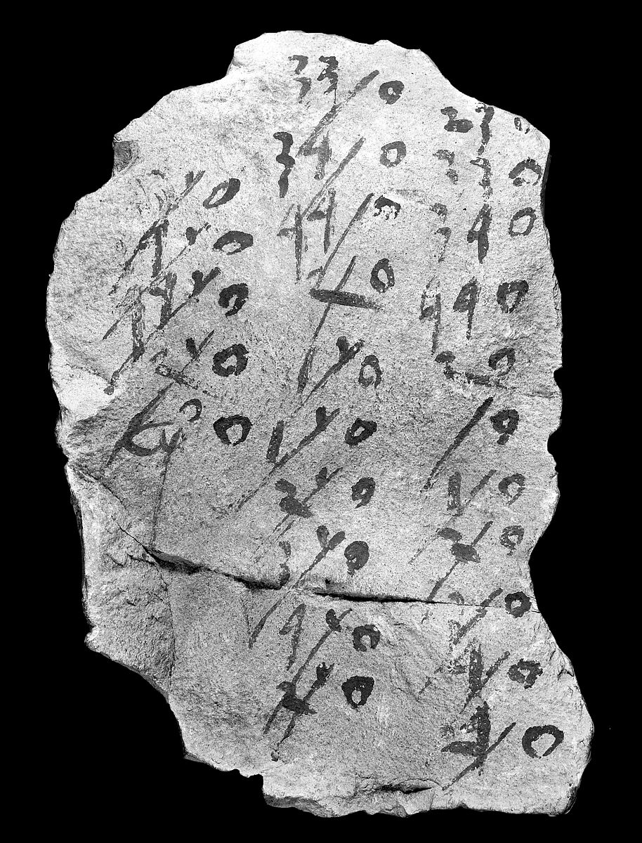 Hieratic ostracon with accounts, Limestone, ink 