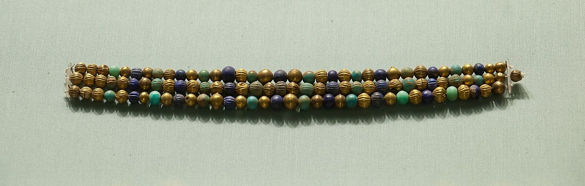 Three Strings of Beads, Gold, lapis-lazuli, turquoise glass 